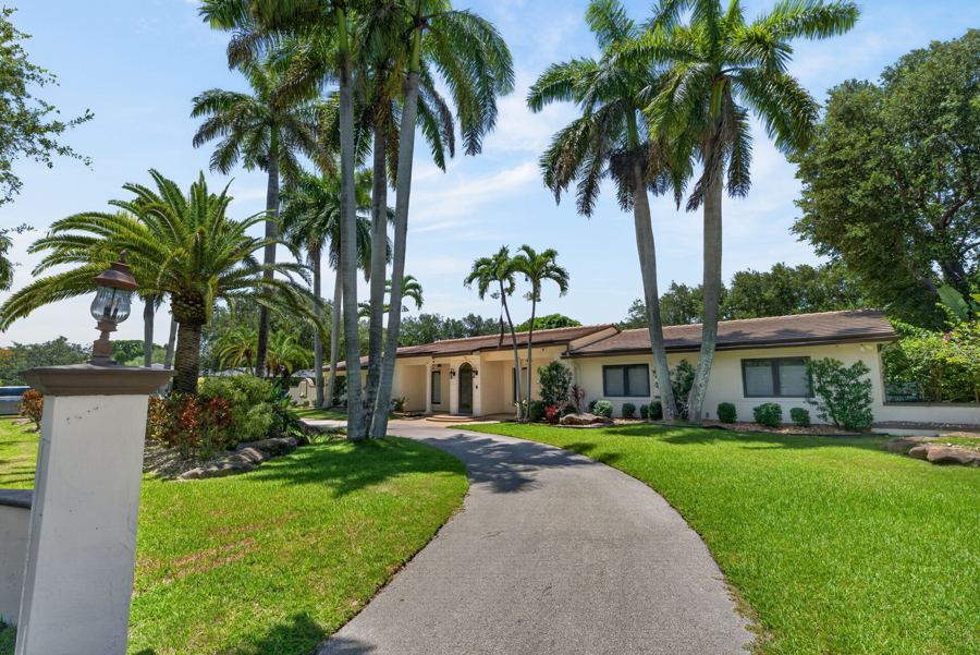 Palm lined drive leading to a Pinecrest home